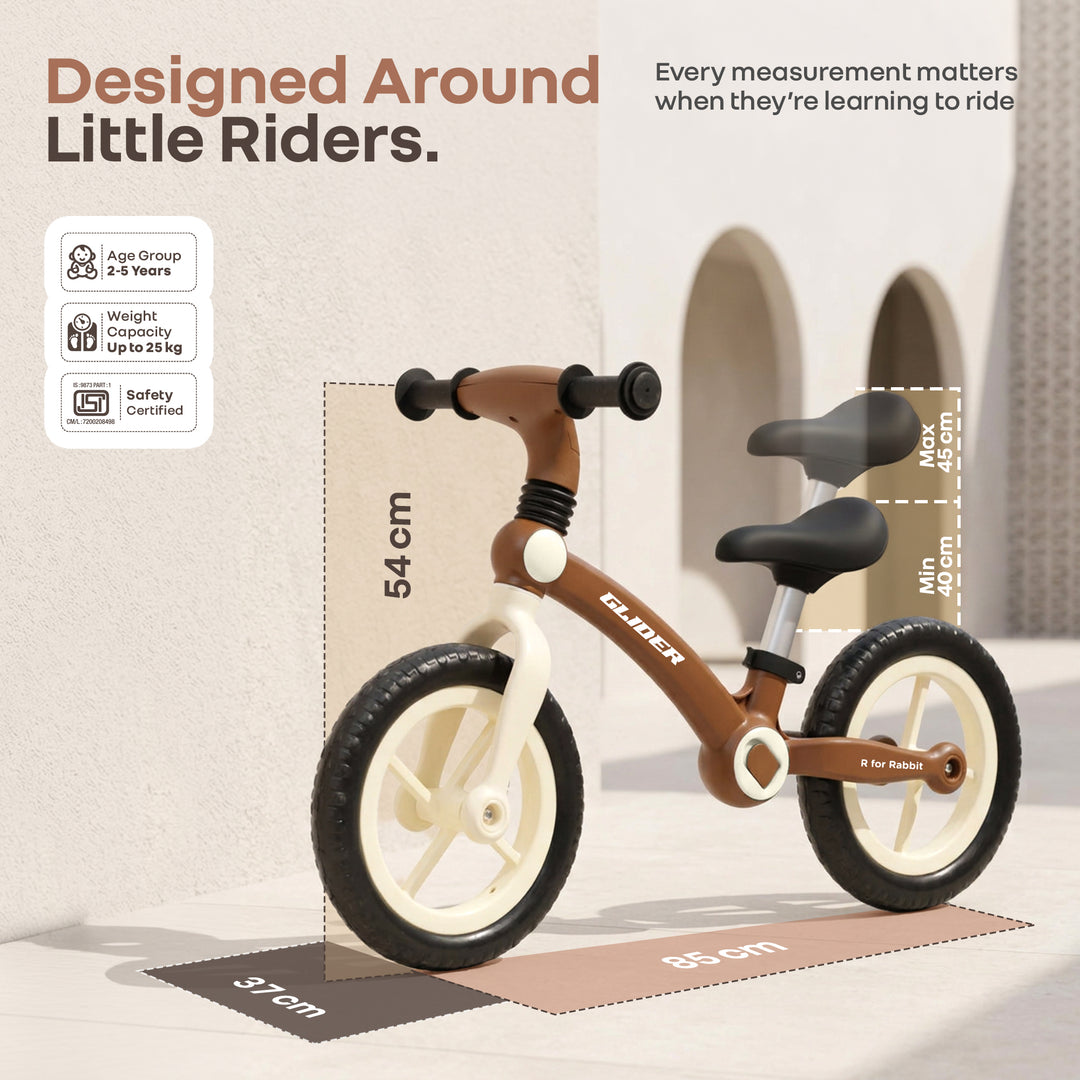 Glider Balance Bike for Kids with Adjustable PU Cushioned Seat, Puncture Proof EVA Wheels & Soft TPE Handles - Brown Cream