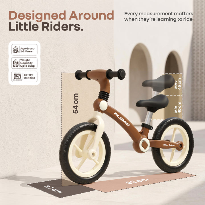 Glider Balance Bike for Kids with Adjustable PU Cushioned Seat, Puncture Proof EVA Wheels & Soft TPE Handles - Brown Cream