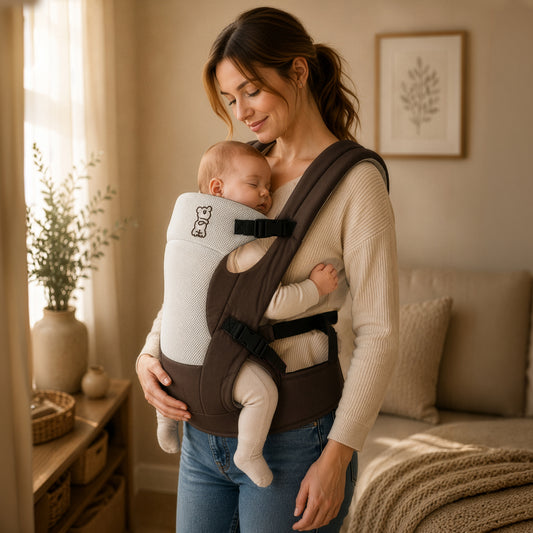 New Cuddle Snuggle Carriers cum Kangaroo Bag, Front / Back Baby Carrier Position, Foldable Head Support - Brown Grey
