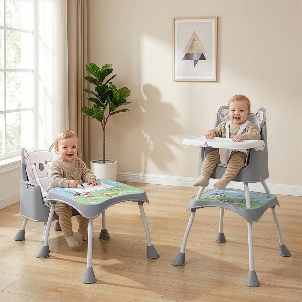 4 in 1 Cherry Berry Grand High Chair - Convertible, Removable Tray, Non Slippery-Anti Tipping, Booster Seat, Study Table & Chair Convertible - Teddy Grey