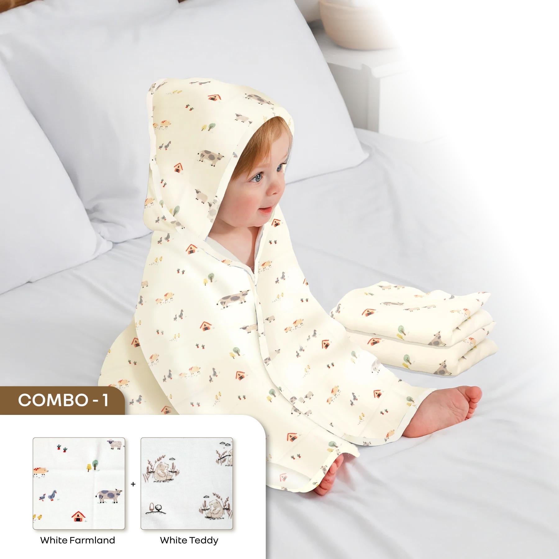 Softkins Baby Hooded Knit Towel with 100% Natural Cotton, Soft & Quick Dry - Teddy Farmland