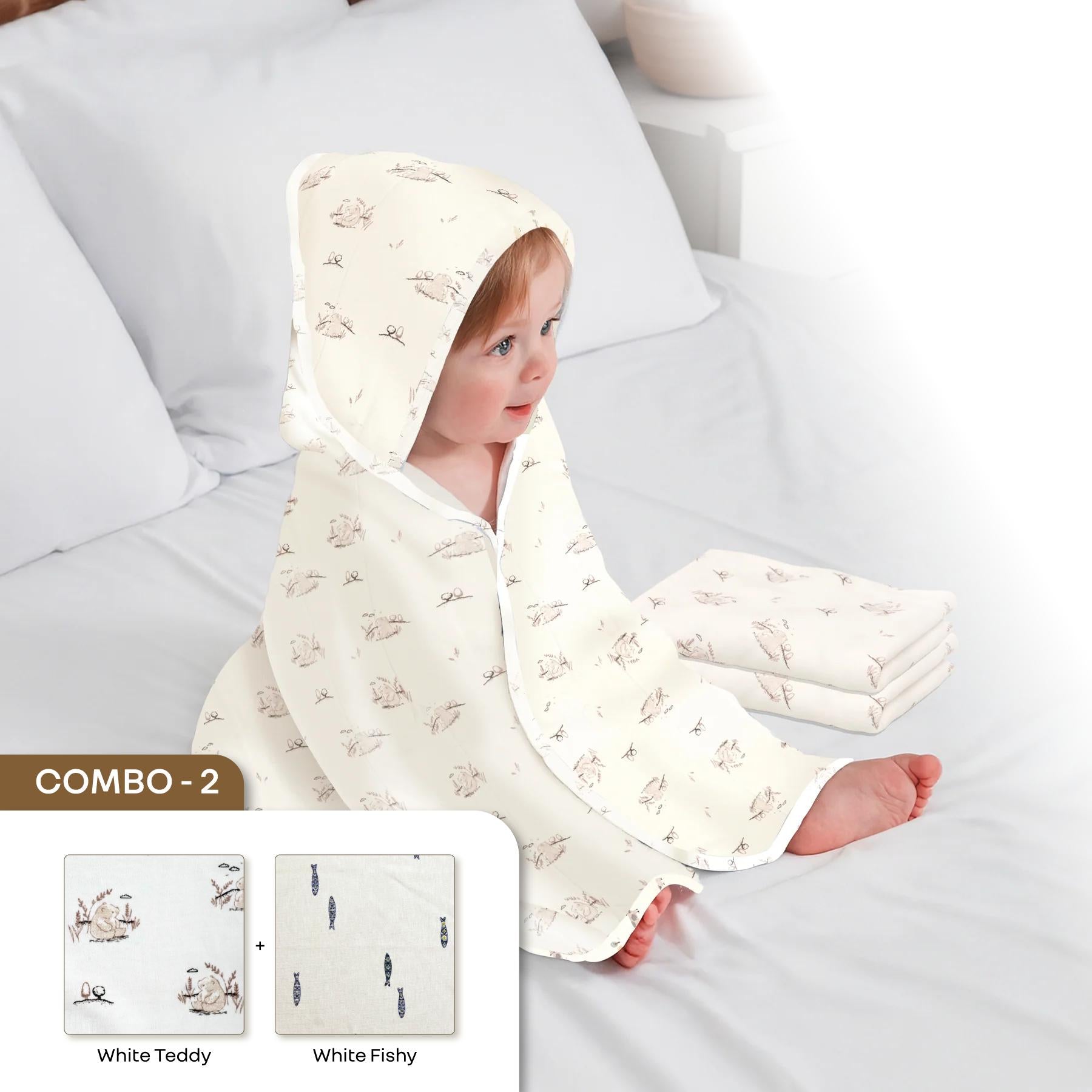 Softkins Baby Hooded Knit Towel with 100% Natural Cotton, Soft & Quick Dry - Teddy Fishy