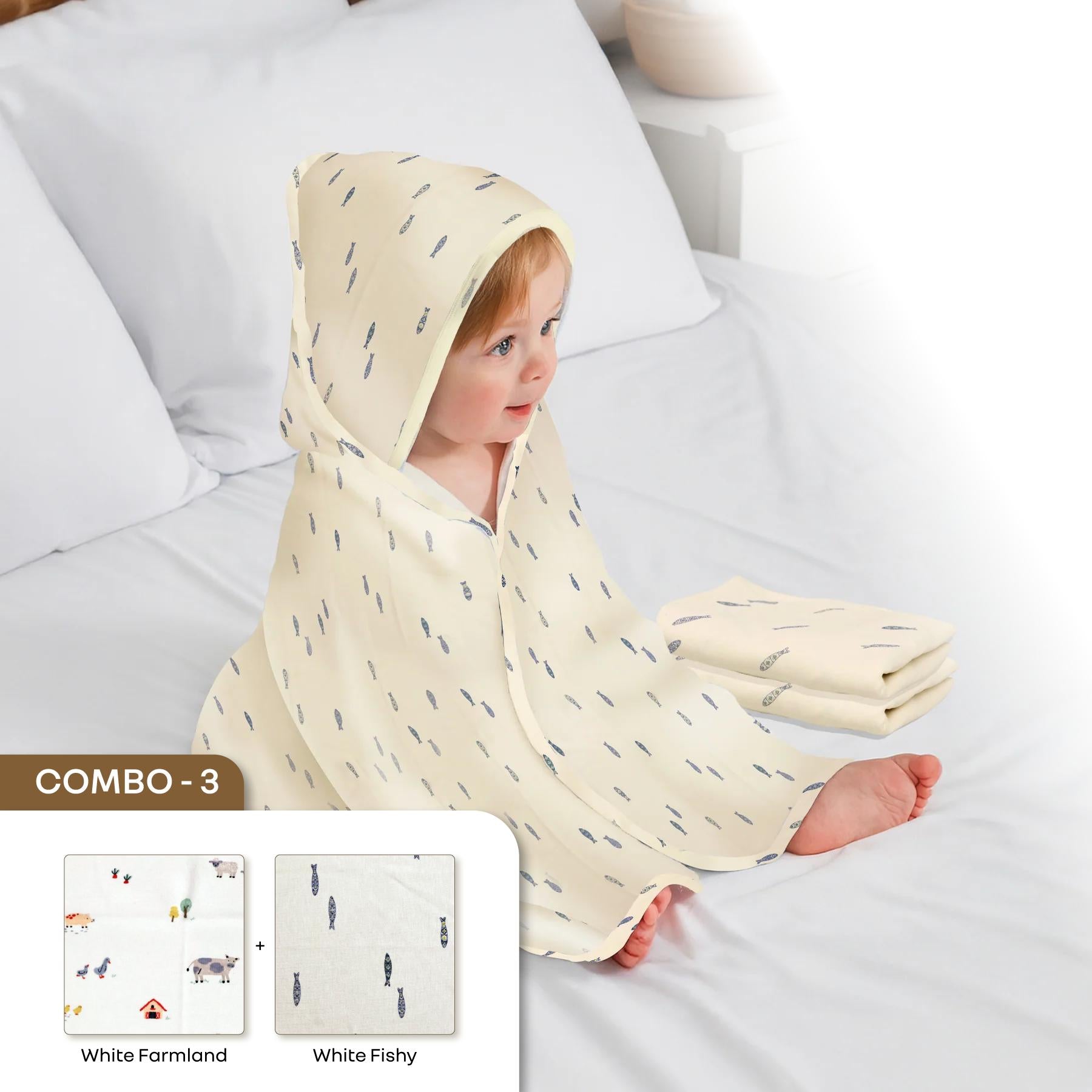 Softkins Baby Hooded Knit Towel with 100% Natural Cotton, Soft & Quick Dry - Fishy Farmland
