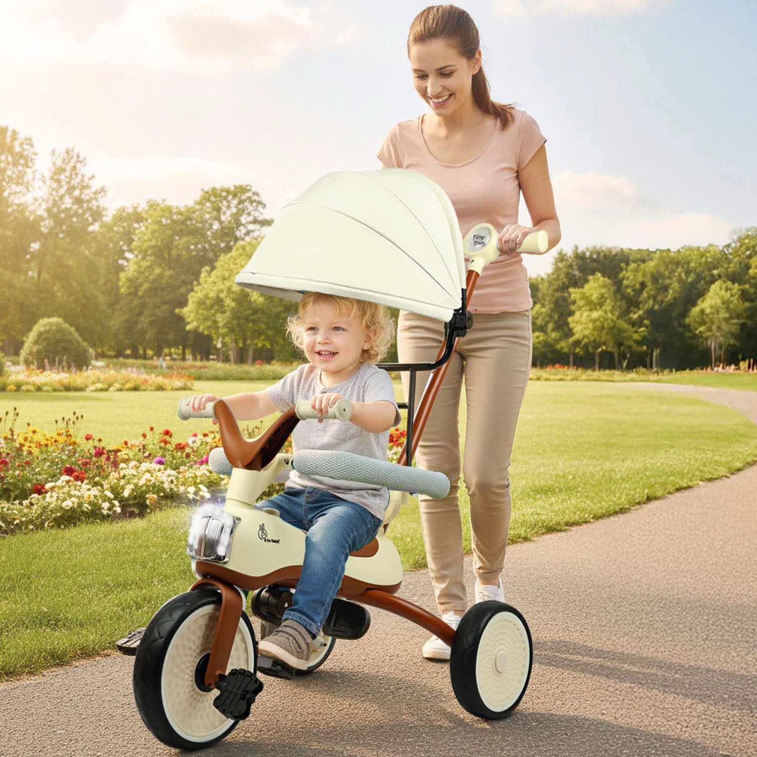 Tiny Toes Karizma - Luxury 3-in-1 Smart Tricycle for Kids 2 to 5 Years with Music & Canopy - Cream Brown