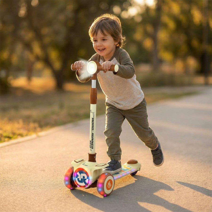 Road Runner Neo Kids Scooter with LED PU Wheels, Music, Gravity Steering, 4-Level Height Adjustment & BIS Certified Safety (3+ Years) - Cream Brown