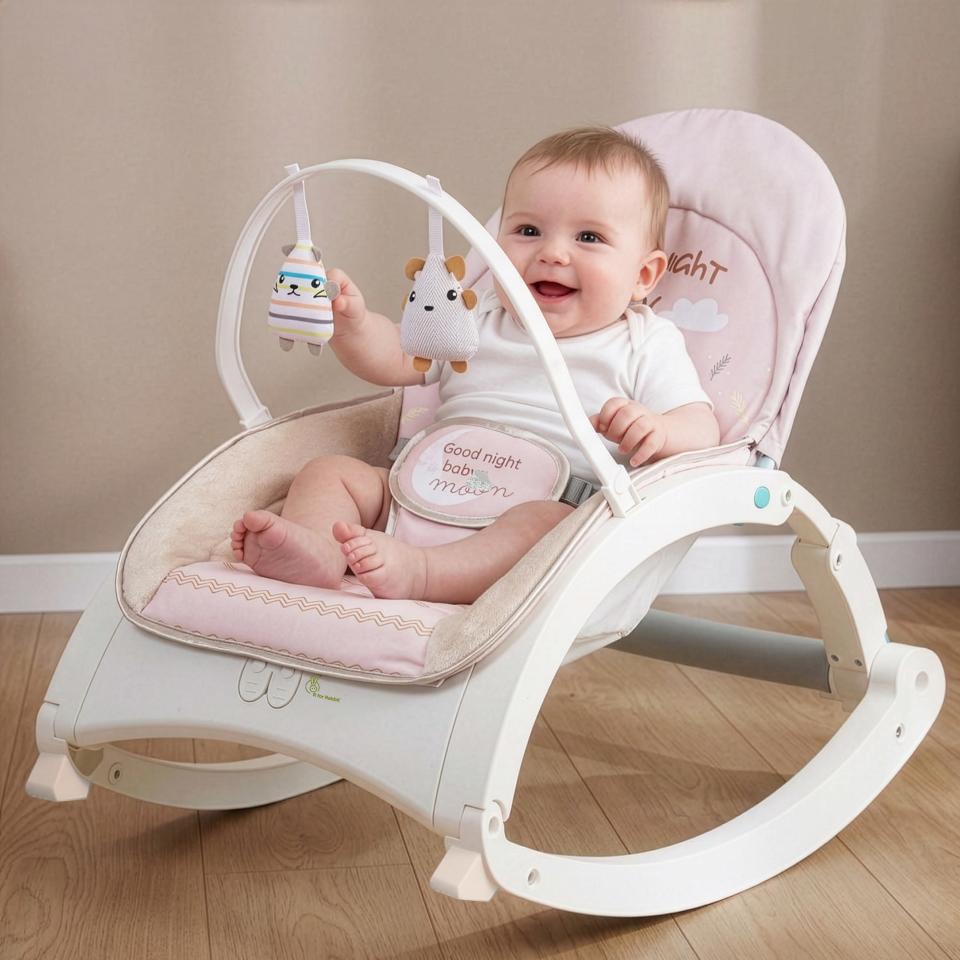 3 in 1 Rock N Play Rocker - Adjustable Backrest Recline, Detachable Toy Bar, Soothing Music & Vibration, Adjustable backrest, 0+ Months - Cream Grey
