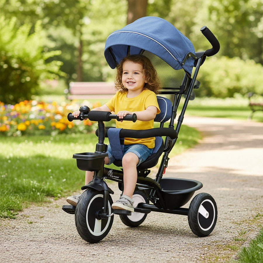 Tiny Toes R40 Plus Baby Tricycle with Canopy, Footrests, Plug-N-Play Wheels & Adjustable Parent Handle (Up to 25 kg) - Denim Blue