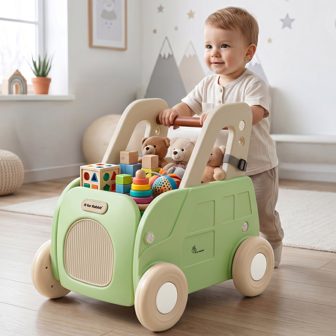 Kiddie Kart 4 in 1 Kids Toy Storage Cart, Sit & Ride, Push Walker & Pull Along, Adjustable Dual Height Handlebar, Quick Plug & Play, Age 0–3 Years – Green Beige
