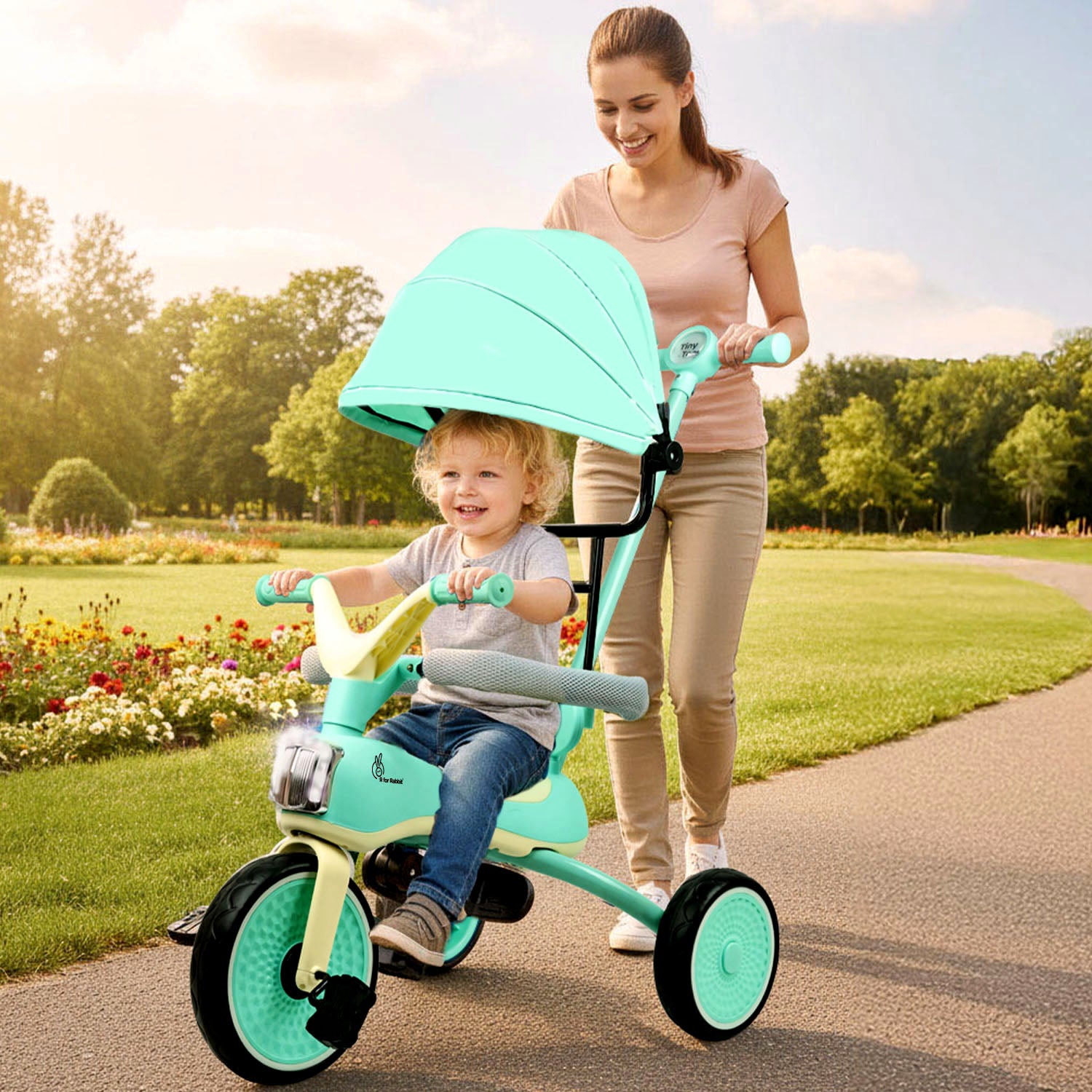 Tiny Toes Karizma - Luxury 3-in-1 Smart Tricycle for Kids 2 to 5 Years with Music & Canopy - Green Cream