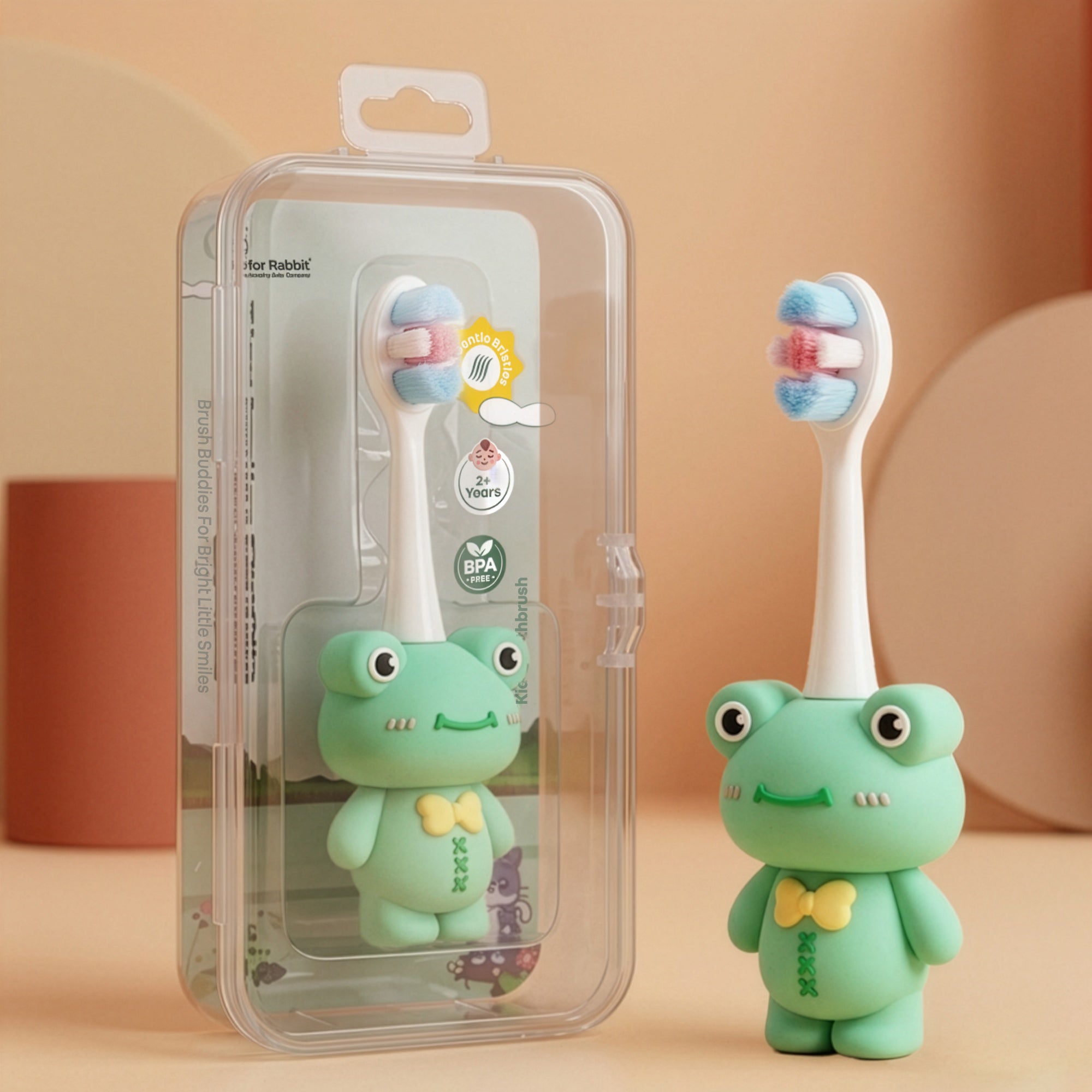 Tiny Smiles Zoobie Kids Toothbrush for 2+ Years, Ultra-Soft PBT Bristles, Self-Standing Animal Design Brush - Green Froggy
