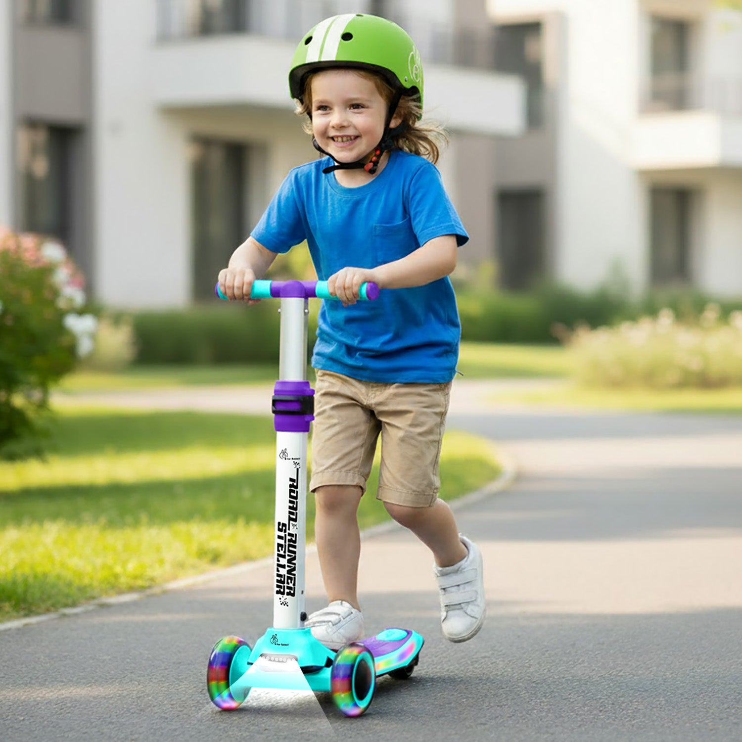 Road Runner Stellar - LED Scooter for Kids with Bluetooth Music, Adjustable Height & Smooth Ride - Green Purple