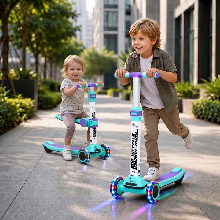 Road Runner Stellar Duo 2 in 1 Kick Scooter with Attachable Seat - Gravity Steering & Lean-to-Steer - Wide Wheelbase - Anti-Slip Footrest - ABEC 7 Bearings - BIS Certified - Age 3+ Years - Green Purple