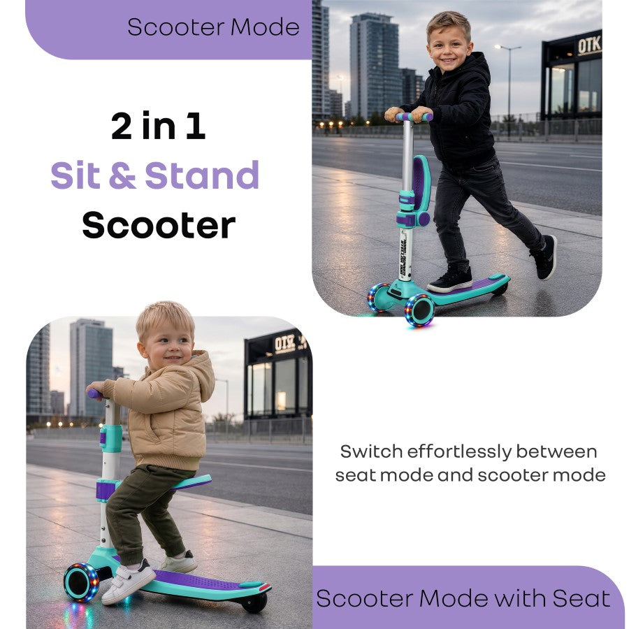 Road Runner Stellar Duo 2 in 1 Kick Scooter with Attachable Seat - Gravity Steering & Lean-to-Steer - Wide Wheelbase - Anti-Slip Footrest - ABEC 7 Bearings - BIS Certified - Age 3+ Years - Green Purple