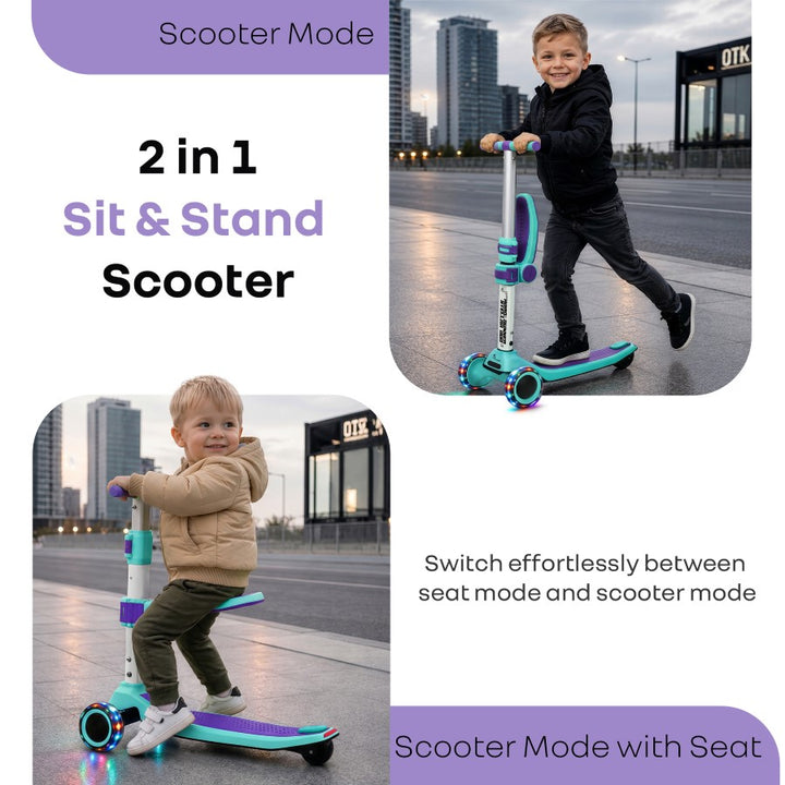 Road Runner Stellar Duo 2 in 1 Kick Scooter with Attachable Seat - Gravity Steering & Lean-to-Steer - Wide Wheelbase - Anti-Slip Footrest - ABEC 7 Bearings - BIS Certified - Age 3+ Years - Green Purple