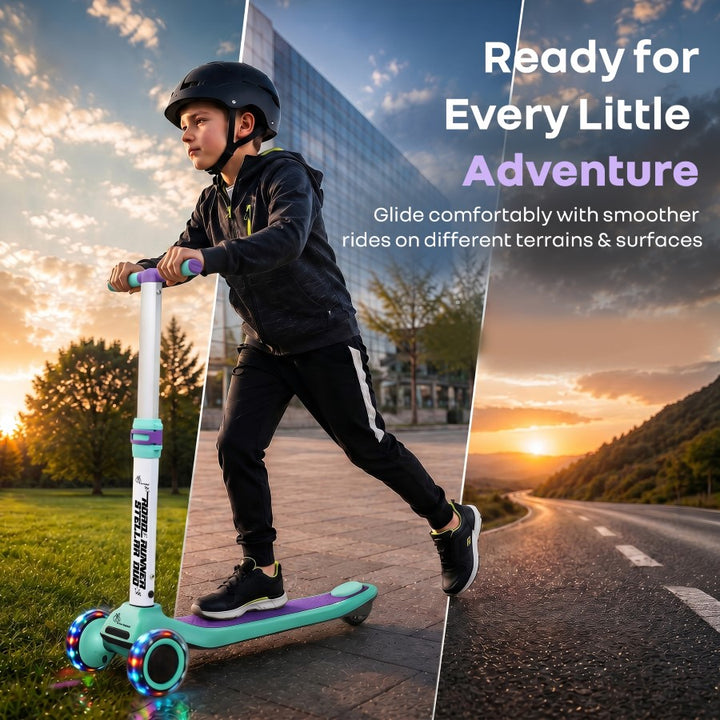 Road Runner Stellar Duo 2 in 1 Kick Scooter with Attachable Seat - Gravity Steering & Lean-to-Steer - Wide Wheelbase - Anti-Slip Footrest - ABEC 7 Bearings - BIS Certified - Age 3+ Years - Green Purple