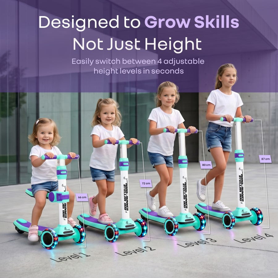 Road Runner Stellar Duo 2 in 1 Kick Scooter with Attachable Seat - Gravity Steering & Lean-to-Steer - Wide Wheelbase - Anti-Slip Footrest - ABEC 7 Bearings - BIS Certified - Age 3+ Years - Green Purple