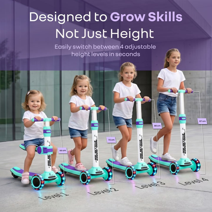 Road Runner Stellar Duo 2 in 1 Kick Scooter with Attachable Seat - Gravity Steering & Lean-to-Steer - Wide Wheelbase - Anti-Slip Footrest - ABEC 7 Bearings - BIS Certified - Age 3+ Years - Green Purple