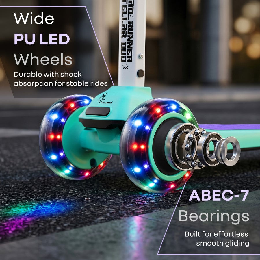 Road Runner Stellar Duo 2 in 1 Kick Scooter with Attachable Seat - Gravity Steering & Lean-to-Steer - Wide Wheelbase - Anti-Slip Footrest - ABEC 7 Bearings - BIS Certified - Age 3+ Years - Green Purple