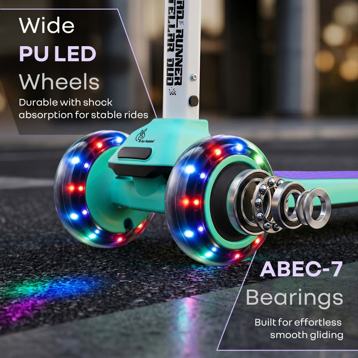 Road Runner Stellar Duo 2 in 1 Kick Scooter with Attachable Seat - Gravity Steering & Lean-to-Steer - Wide Wheelbase - Anti-Slip Footrest - ABEC 7 Bearings - BIS Certified - Age 3+ Years - Green Purple