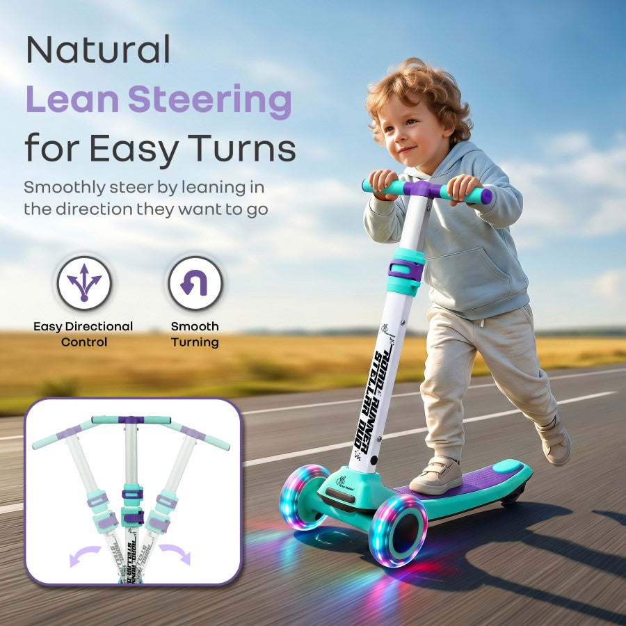 Road Runner Stellar Duo 2 in 1 Kick Scooter with Attachable Seat - Gravity Steering & Lean-to-Steer - Wide Wheelbase - Anti-Slip Footrest - ABEC 7 Bearings - BIS Certified - Age 3+ Years - Green Purple
