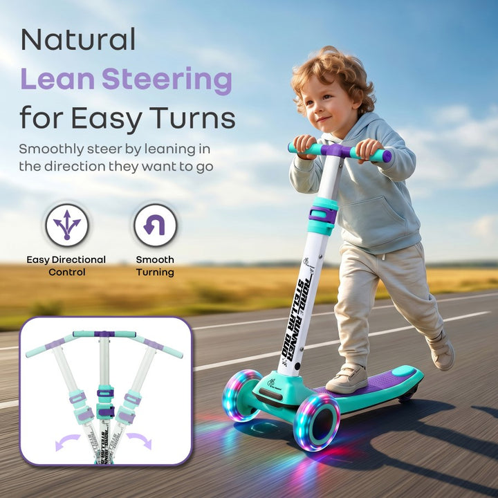 Road Runner Stellar Duo 2 in 1 Kick Scooter with Attachable Seat - Gravity Steering & Lean-to-Steer - Wide Wheelbase - Anti-Slip Footrest - ABEC 7 Bearings - BIS Certified - Age 3+ Years - Green Purple
