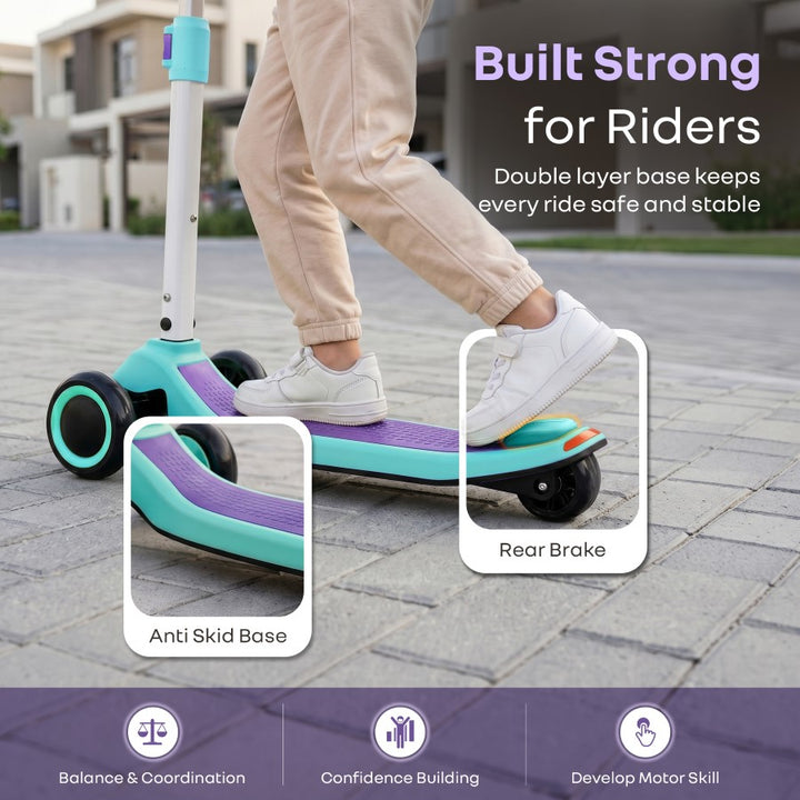 Road Runner Stellar Duo 2 in 1 Kick Scooter with Attachable Seat - Gravity Steering & Lean-to-Steer - Wide Wheelbase - Anti-Slip Footrest - ABEC 7 Bearings - BIS Certified - Age 3+ Years - Green Purple