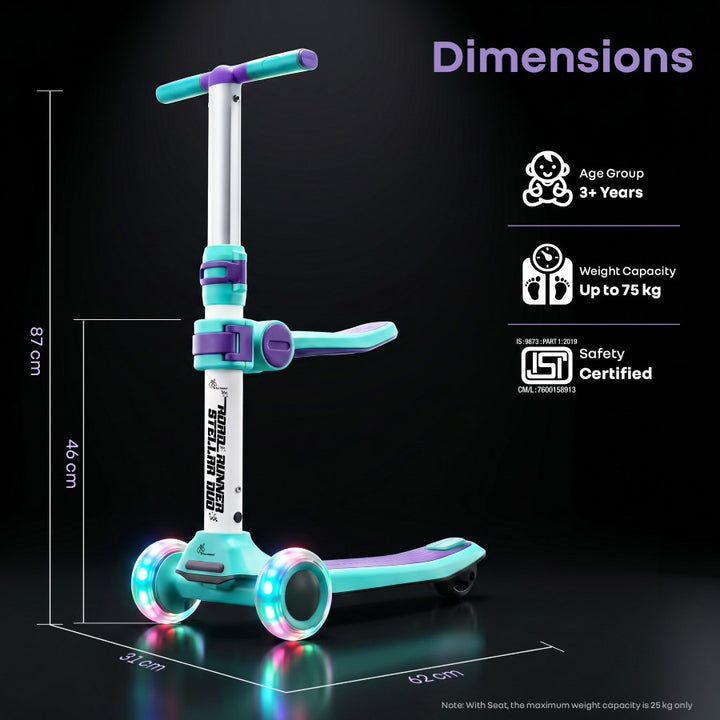 Road Runner Stellar Duo 2 in 1 Kick Scooter with Attachable Seat - Gravity Steering & Lean-to-Steer - Wide Wheelbase - Anti-Slip Footrest - ABEC 7 Bearings - BIS Certified - Age 3+ Years - Green Purple