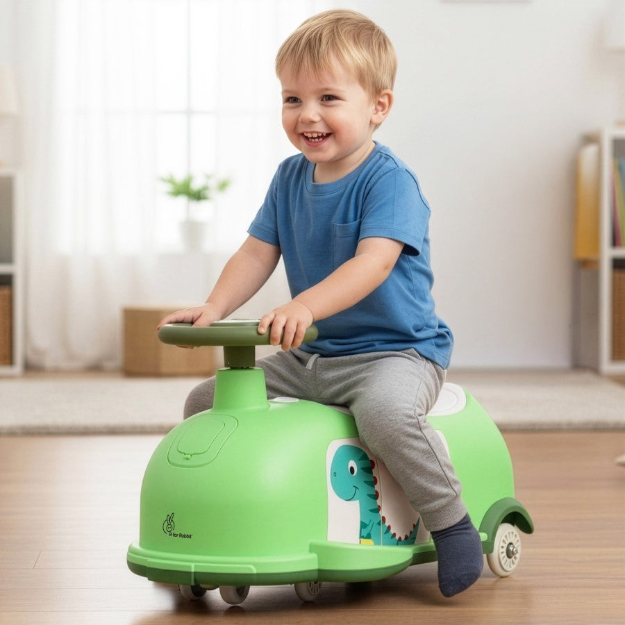 Iya Iya Poppy 3 in 1 Kids Pull Along & Push Ride On Swing Car, Fun Dino Design, Toy Compartment, ABEC 7 Bearing, Age 2+ Years - Green White