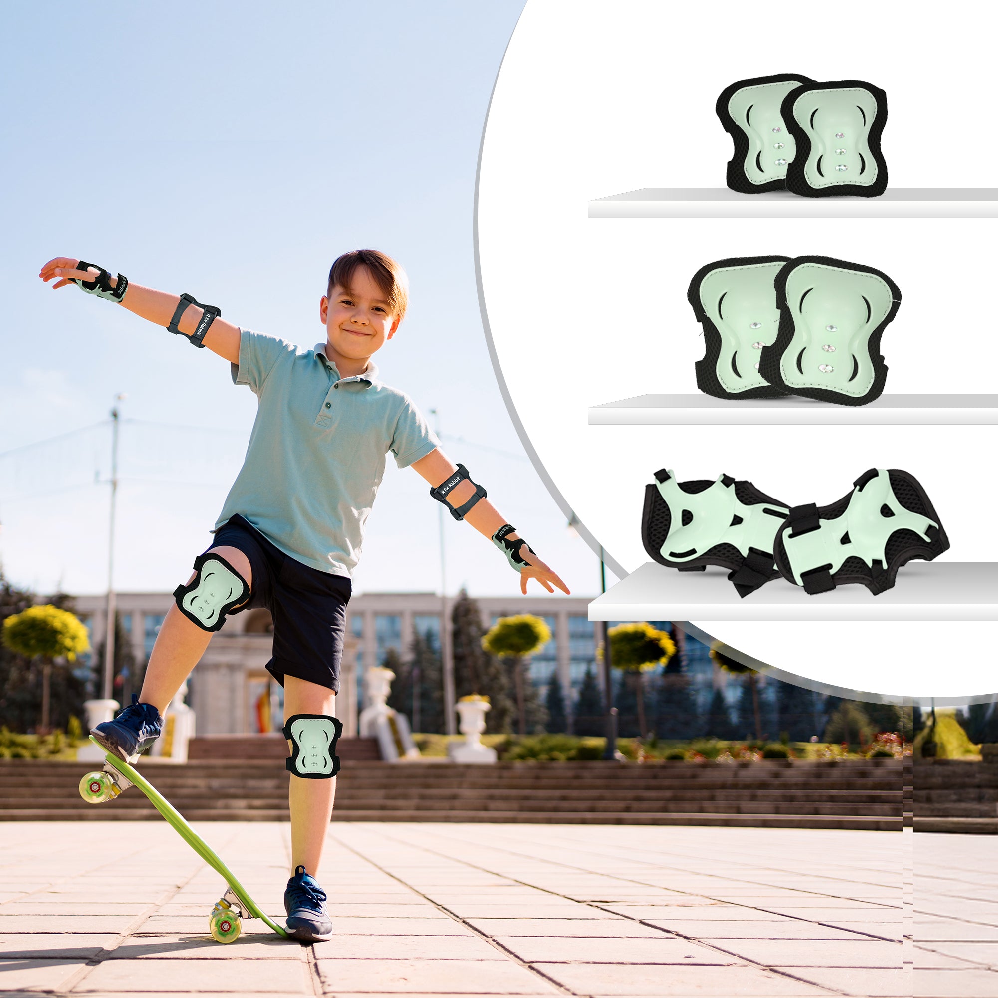 Kids Safety Protector Pads Set, Cushioned Knee, Elbow & Wrist Guards for Outdoor Riding & Sports - Green