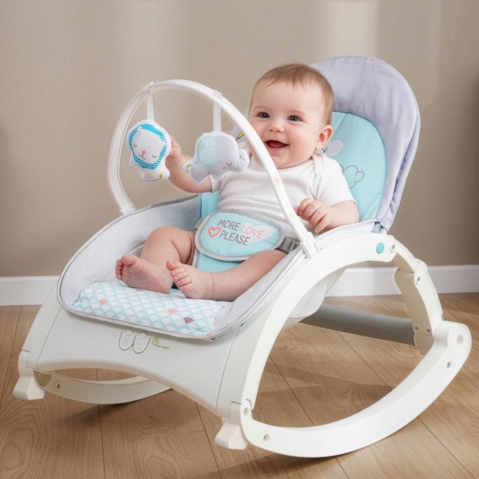 3 in 1 Rock N Play Rocker - Adjustable Backrest Recline, Detachable Toy Bar, Soothing Music & Vibration, Adjustable backrest, 0+ Months - Green Grey