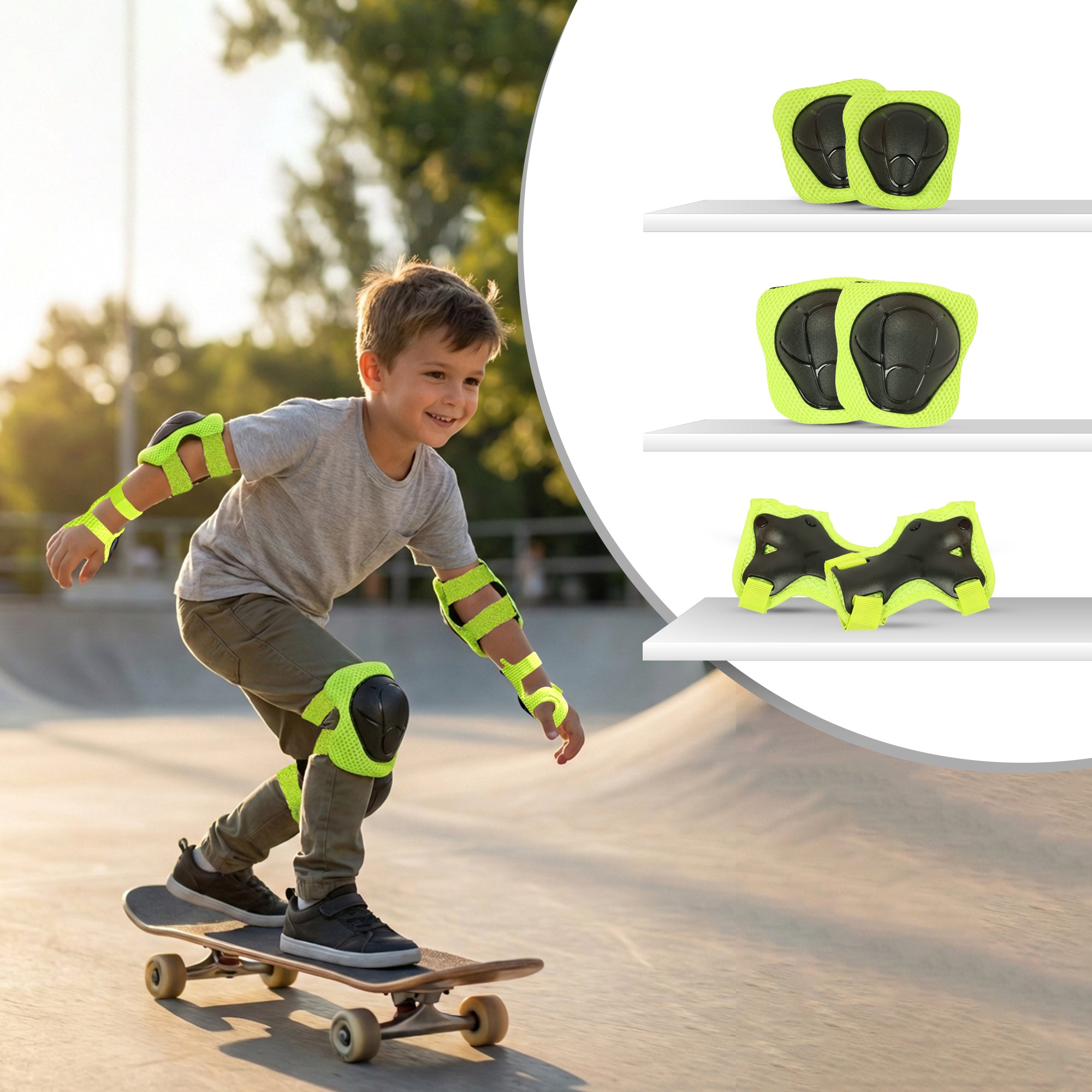 Kids Safety Protector Pads Set, Cushioned Knee, Elbow & Wrist Guards for Outdoor Riding & Sports - Green Sports
