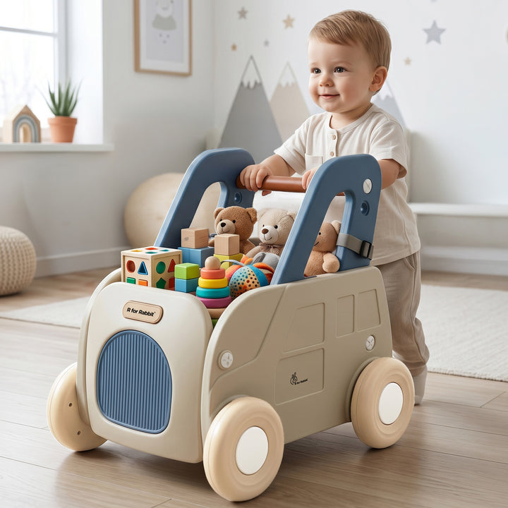 Kiddie Kart 4 in 1 Kids Toy Storage Cart, Sit & Ride, Push Walker & Pull Along, Adjustable Dual Height Handlebar, Quick Plug & Play, Age 0–3 Years – Grey Blue
