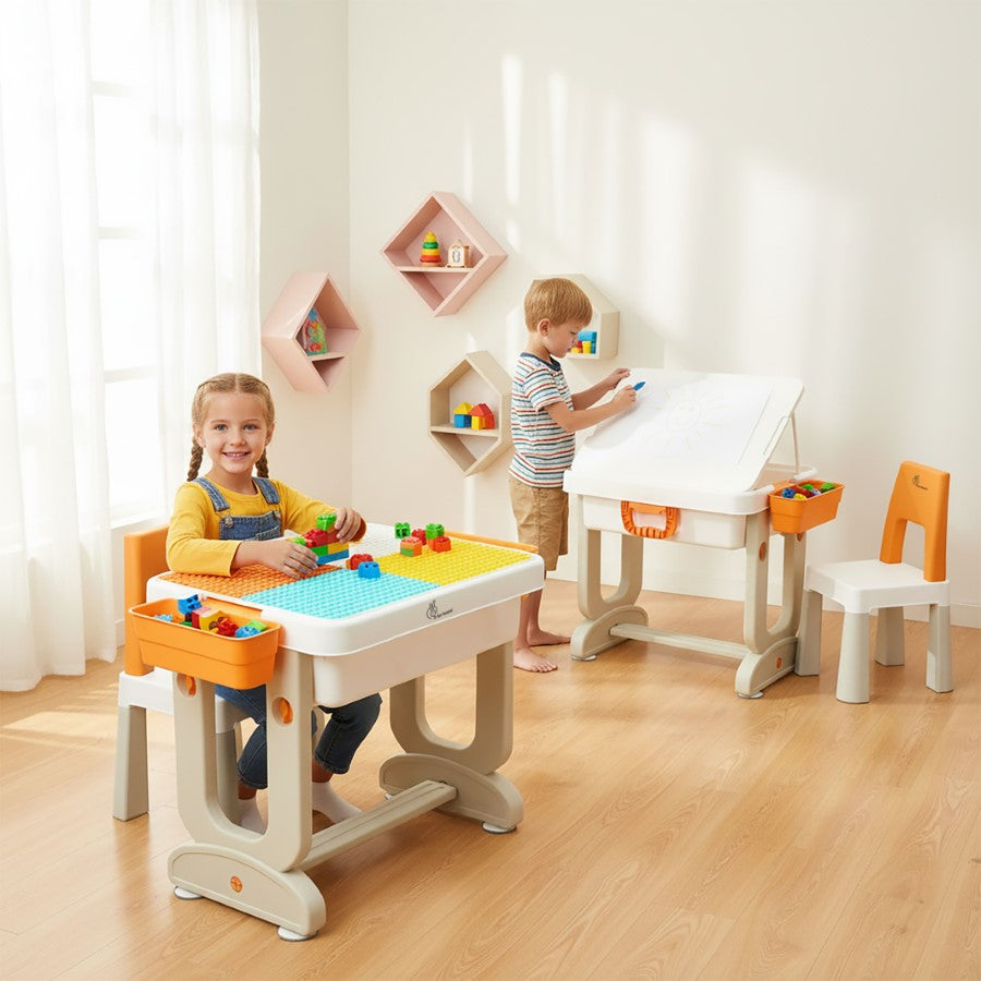 Little Genius Learner Study Table Set for Kids 4-in-1 Multifunctional Study Table With Portable, Safe & Smart Design - Grey Multi