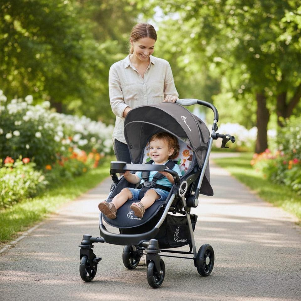 Chocolate Ride Stroller For Kids Reversible Handle, Multiple Recline Positions, Cup Holder with Meal Tray, 5 Point Safety Harness, Storage Basket - Grey Safari