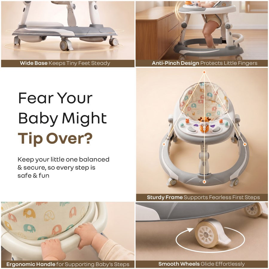 Little Feet Plus Walker - Detachable Toy Bar With Music & Light - Grey White
