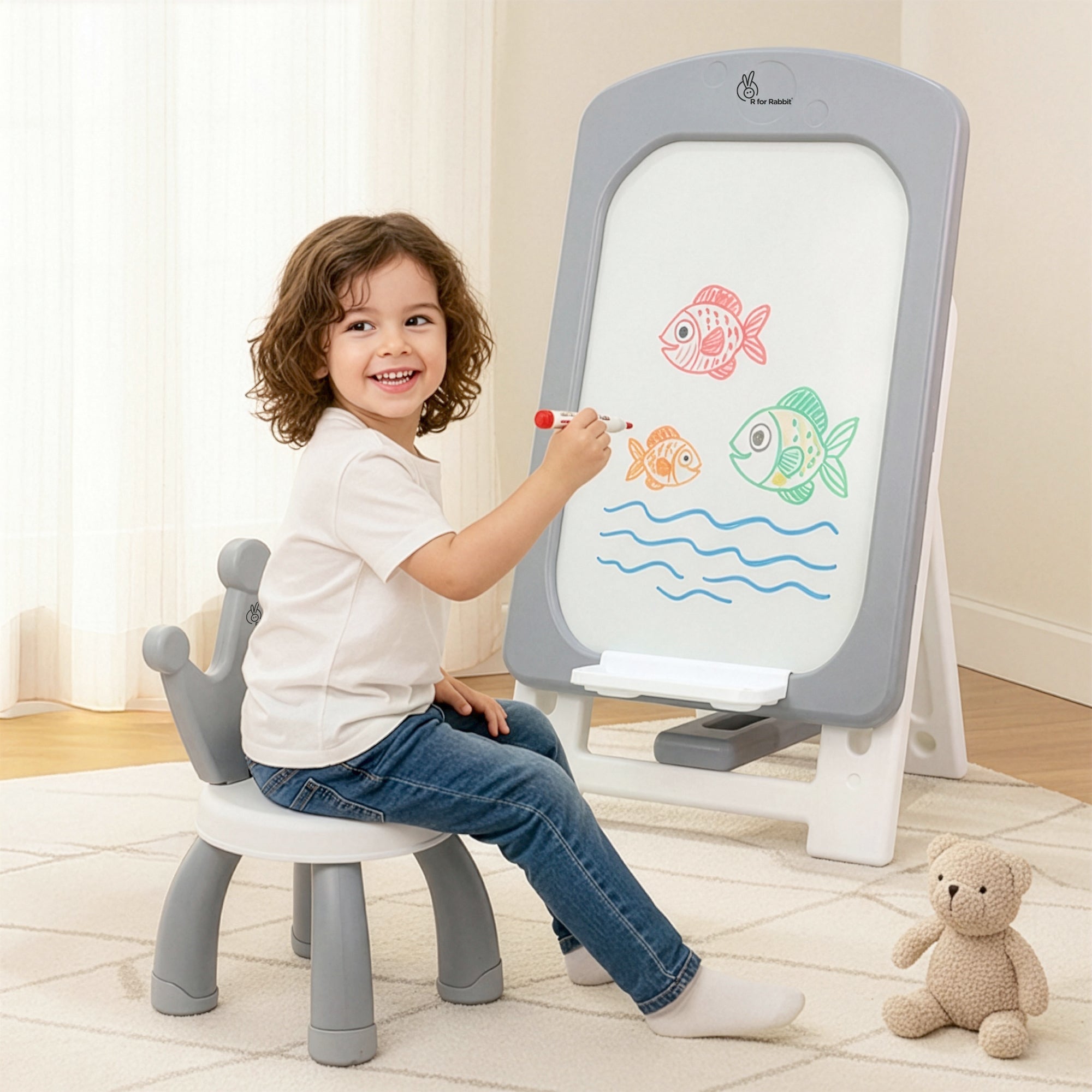 Little Genius Doodle Duo Whiteboard & Chair Set for 3–7 Years, 7-Level Height Adjustable, Foldable Study Table, Upto 40 kg - Grey White