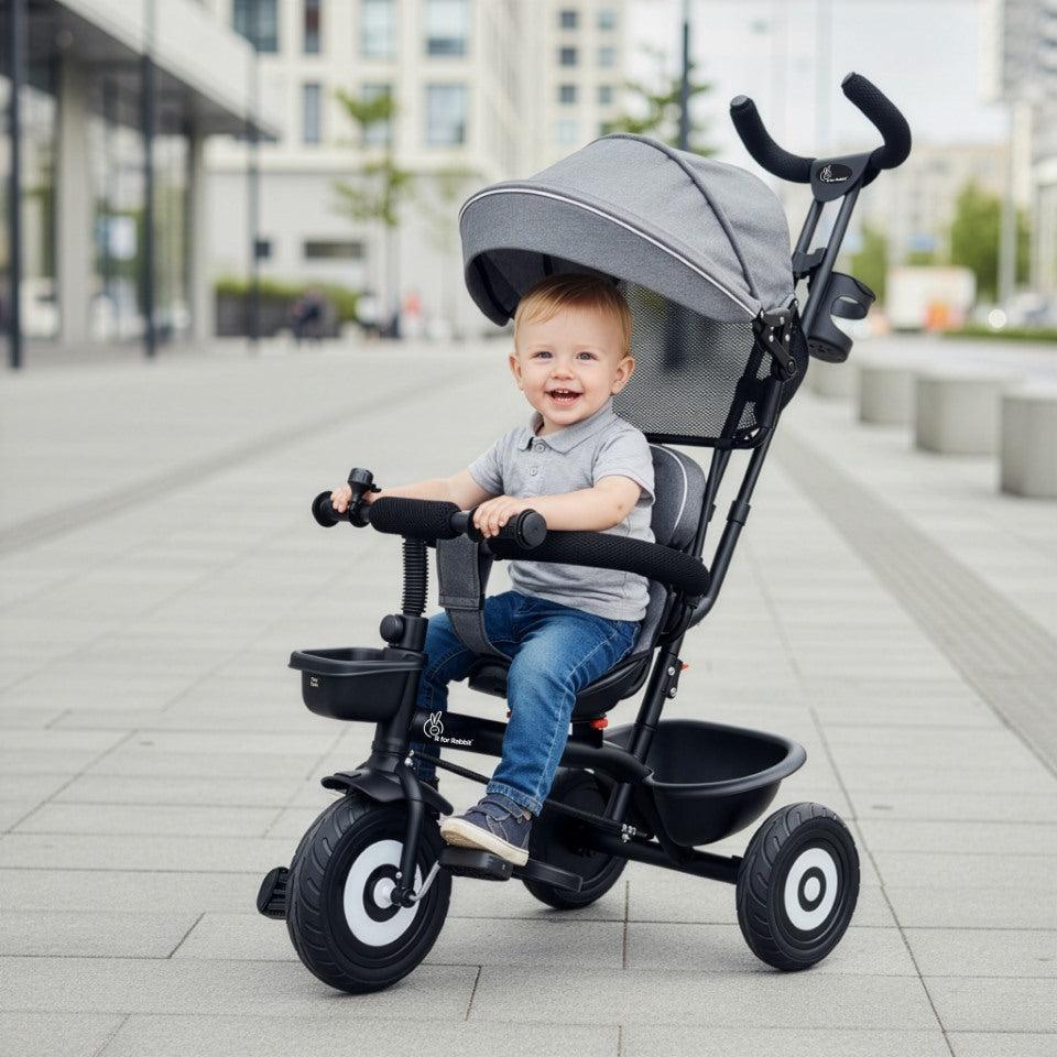 Tiny Toes T40 Plus Tricycle - Rubber Wheels, 360 Rotatable Seat, Adjustable Canopy, Parental Control, Front & Rear Baskets, 1.5-5 years - Grey Black