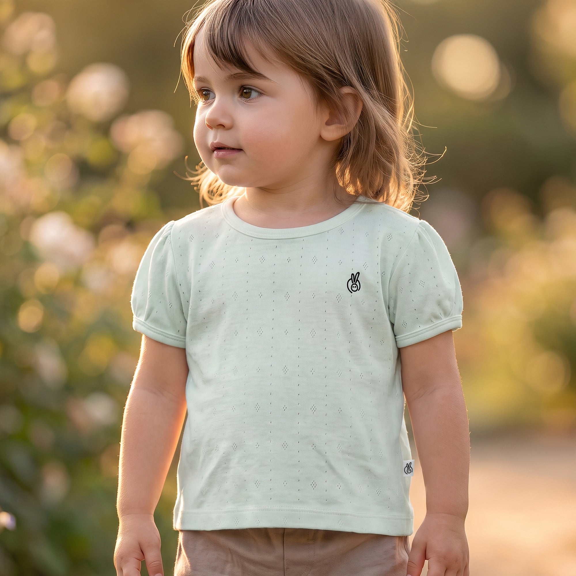 Mushmellow Sage Green Pointelle Top With Puff Sleeve - 2-4 Years