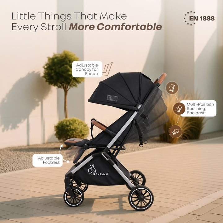 Street Smart Auto Fold Stroller for Kids With Personalized Name Plate - Pure Black