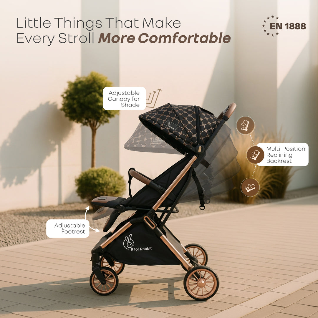 Street Smart Auto Fold Stroller for Kids With Personalized Name Plate - Gold Black