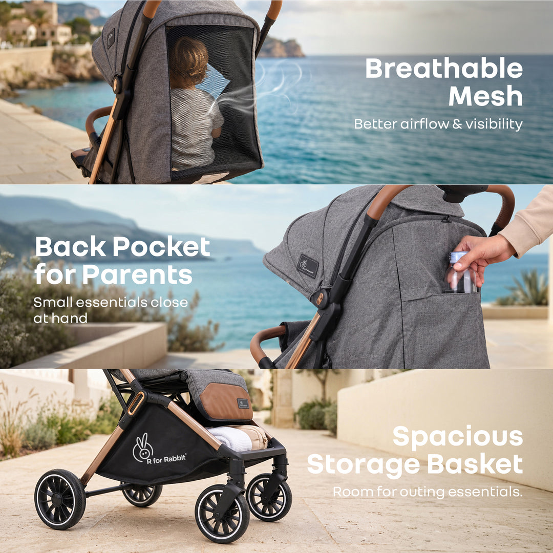 Street Smart Auto Fold Stroller for Kids With Personalized Name Plate - Ash Grey