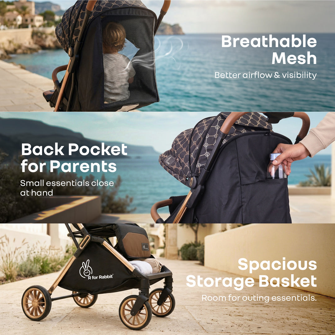 Street Smart Auto Fold Stroller for Kids With Personalized Name Plate - Gold Black