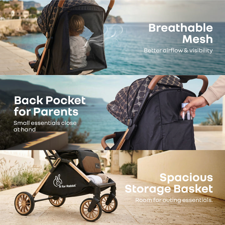 Street Smart Auto Fold Stroller for Kids With Personalized Name Plate - Gold Black