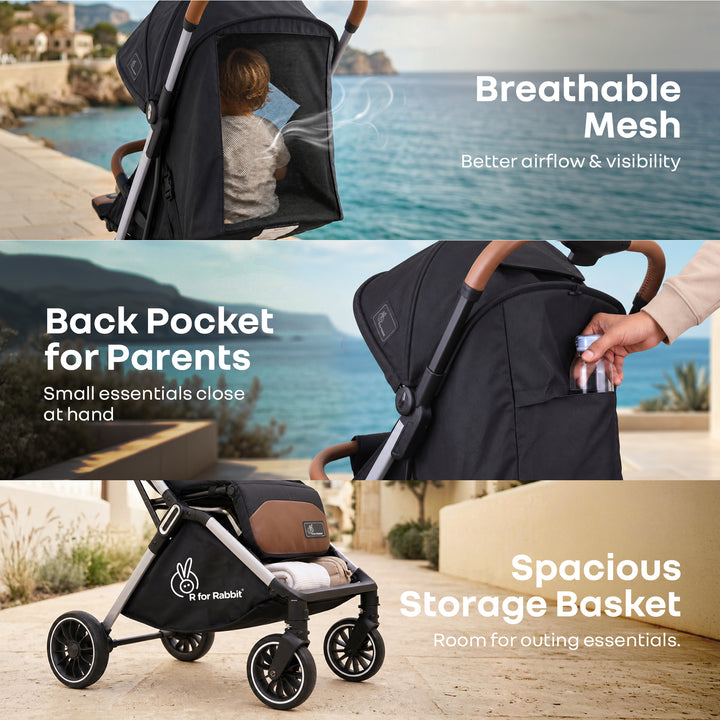 Street Smart Auto Fold Stroller for Kids With Personalized Name Plate - Pure Black