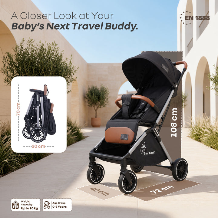 Street Smart Auto Fold Stroller for Kids With Personalized Name Plate - Pure Black
