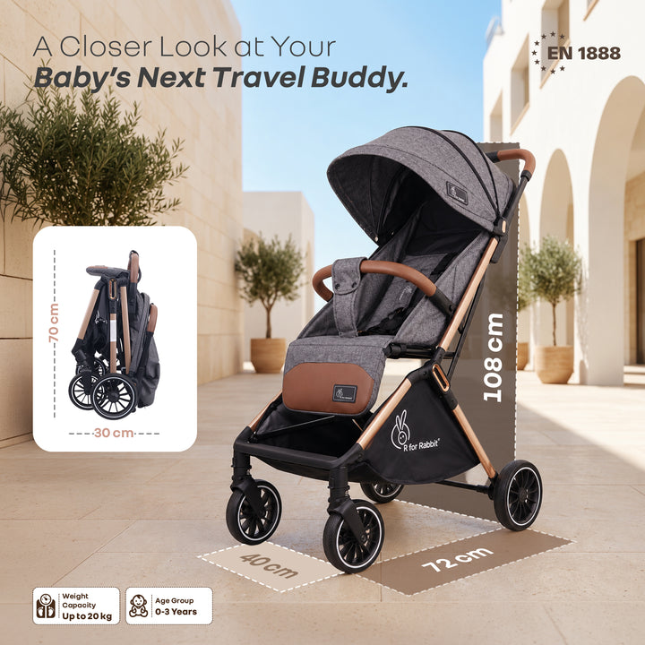 Street Smart Auto Fold Stroller for Kids With Personalized Name Plate - Ash Grey