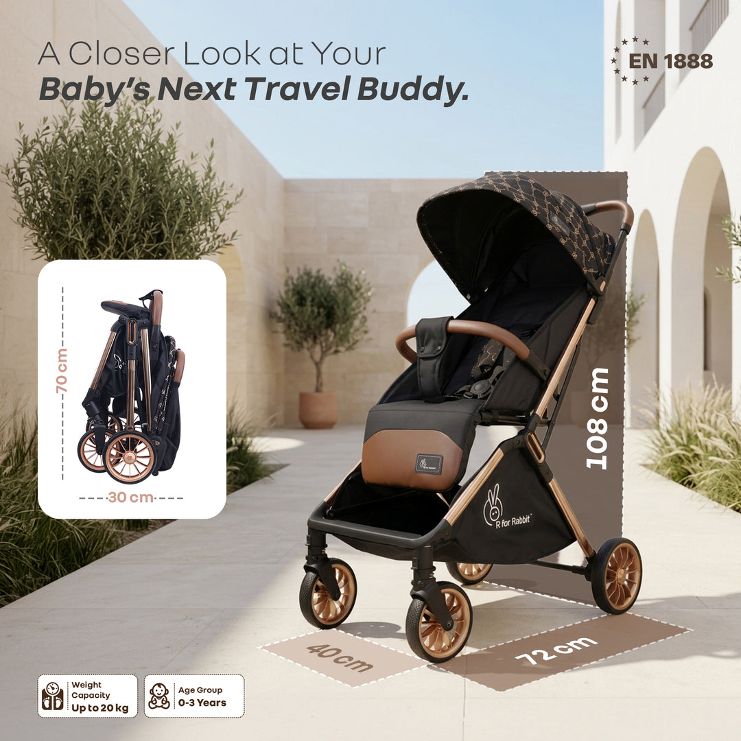 Street Smart Auto Fold Stroller for Kids With Personalized Name Plate - Gold Black