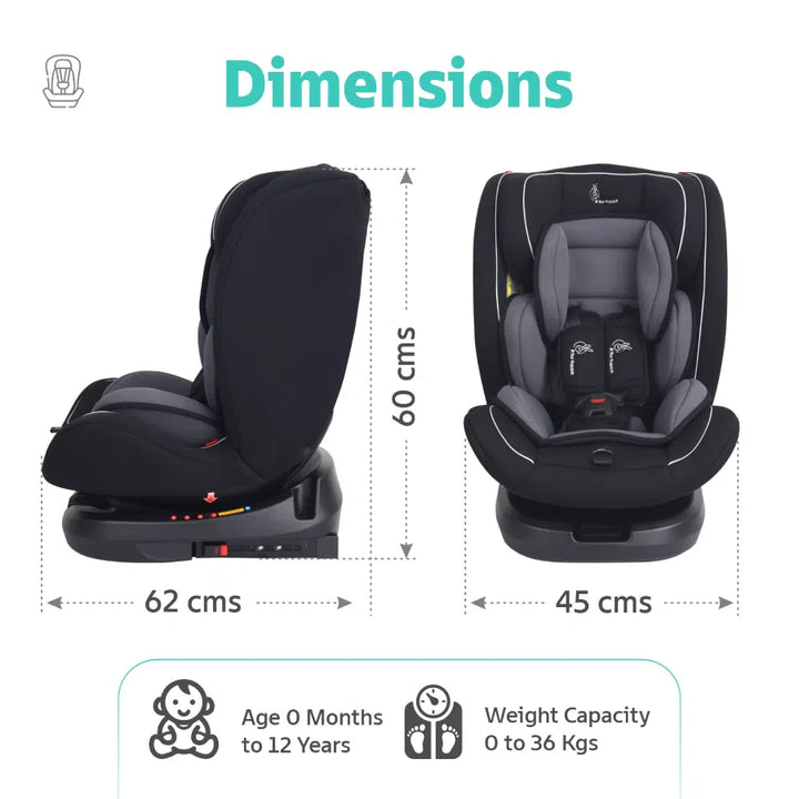 Jack N Jill Grand ISOFIX Car Seat for kids 0-12 Years Safety Certified, 5-Point Safety Harness, Removable Seat Cover, Adjustable Head Rest