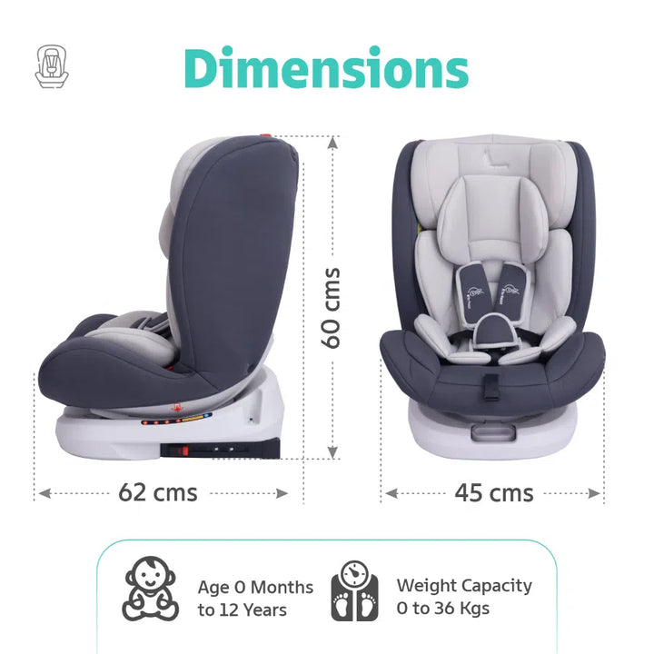 Jack N Jill Grand ISOFIX Car Seat for kids 0-12 Years Safety Certified, 5-Point Safety Harness, Removable Seat Cover, Adjustable Head Rest