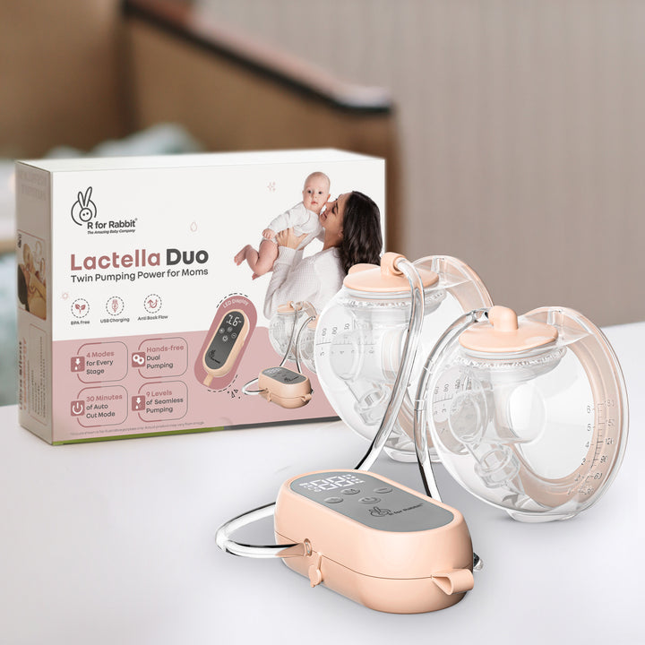 Lactella Duo breast pump with packaging on a table